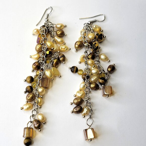Gold and Beige Pearls and Bead Earrings Light Gold Brown Earrings - Picture 1 of 7